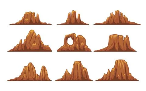 Set of Desert Mountain Range Red Rock set collection, Colorado desert or gr.. Stock Illustration