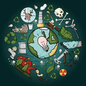 Set of design 1 elements on the theme of ecology earth pollution effects of h Stock Illustration