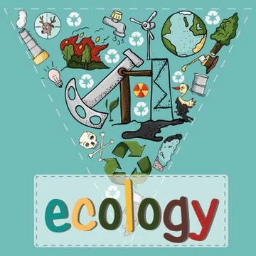 Set of design 5 elements on the theme of ecology earth pollution effects of h Illustrazione stock