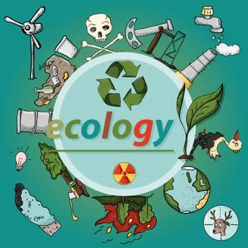 Set of design 6 elements on the theme of ecology earth pollution effects of h Stock Illustration