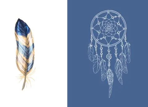 Set of design and decor elements. Detailed colored feather close up isolated  Illustrazione stock