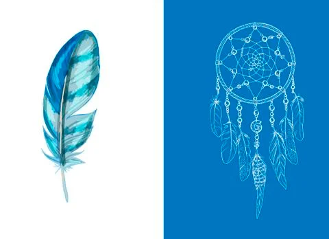 Set of design and decor elements. Detailed colored feather close up isolated  Illustrazione stock