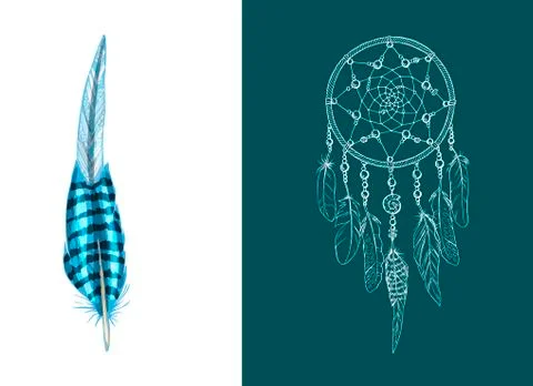 Set of design and decor elements. Detailed colored feather close up isolated  Stock Illustration