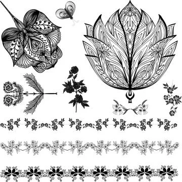 Set of design element. Borders and floral elements. Can be used for cards, in Illustrazione stock