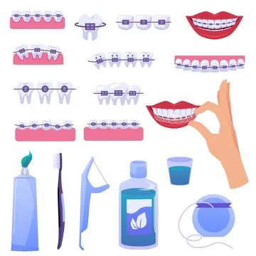 Set of design elements about teeth braces flat style, vector illustration Stock Illustration