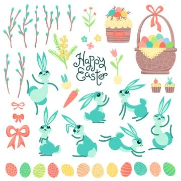 Set of design elements and characters for Happy Easter. Cute Easter bunnies Stock Illustration
