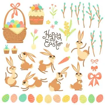 Set of design elements and characters for Happy Easter. Cute Easter bunnies Stock Illustration