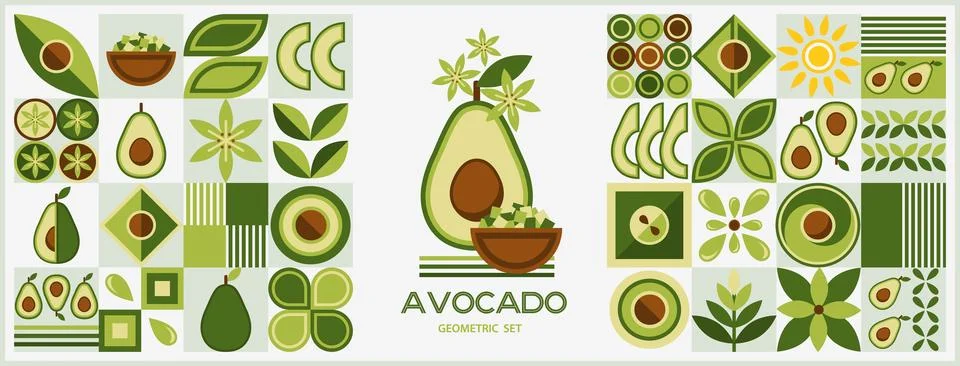 Set of design elements and logo with avocado in simple geometric style. Stock Illustration