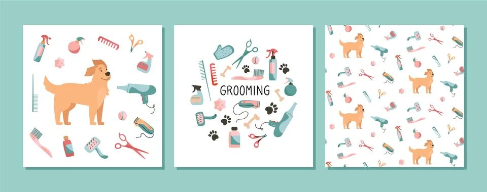 Set with design elements for animal grooming. Pet haircut in cartoon style Stock Illustration