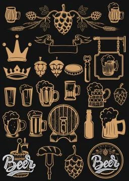 Set of design elements for beer labels. Beer mugs, hops, barrels. Vector illu 스톡 일러스트