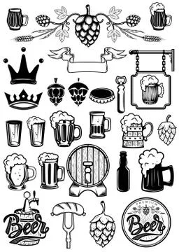 Set of design elements for beer labels. Beer mugs, hops, barrels. Vector illu Illustrazione stock