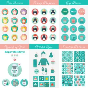 Set of design elements Christmas and New Year in flat Illustrazione stock