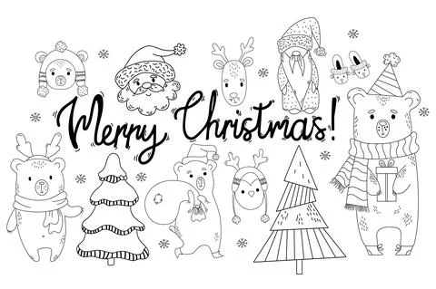Set of design elements for Christmas characters and New Year animals in doodle s Stock Illustration
