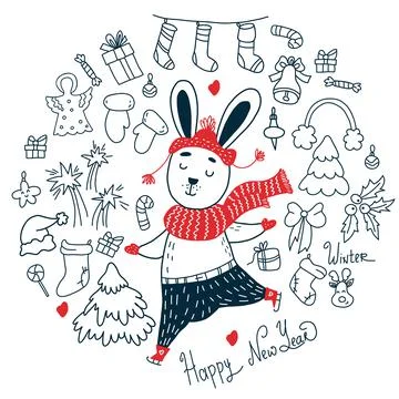 Set of design elements for Christmas design. New Years bunny on skates, Christma Stock Illustration