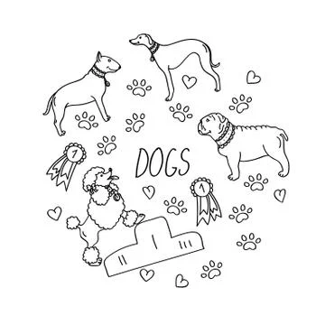 Set of design elements - dog breeds, awards, heart Stock Illustration