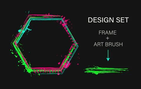 Set of design elements, hexagonal frame, art brush Stock Illustration