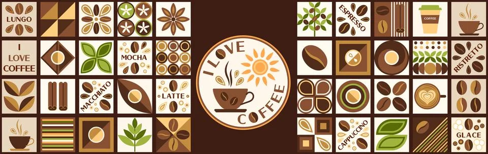 Set of design elements, logo with coffee elements in simple geometric style. Illustrazione stock