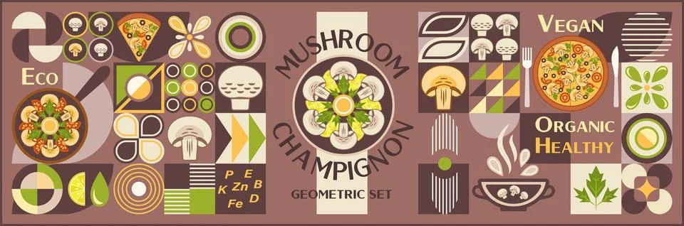 Set of design elements, logo with mushromm champignon in simple geometric sty Stock Illustration
