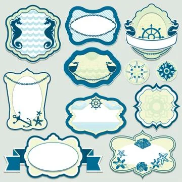 Set of design elements - marine themes frames, badges and labels in blue colo Stock Illustration