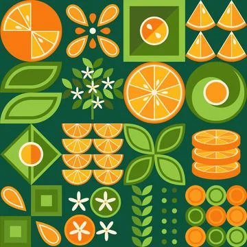 Set of design elements with oranges in simple geometric style. Illustrazione stock