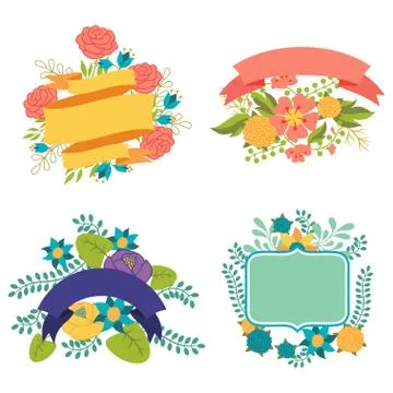 Set of design elements with ribbons, labels and flowers Stock Illustration