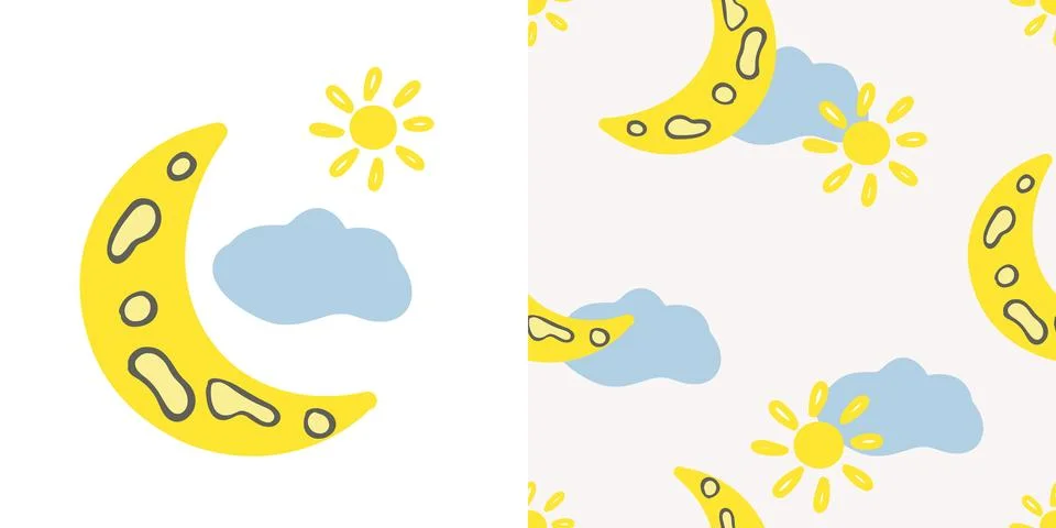 Set design elements with seamless childish pattern with sun, moon, clouds and 스톡 일러스트