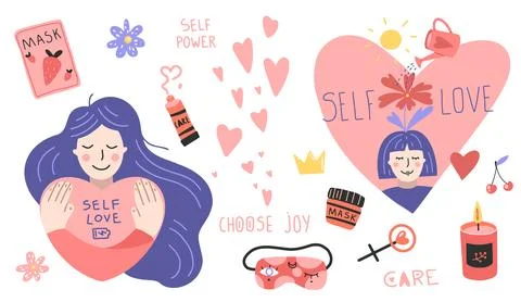 Set of design elements on self-care theme: girls, heart, mask, candle, flow.. Stock Illustration