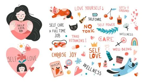 Set of design elements on self-care theme. Girl hugs herself, heart, cats, .. Stock Illustration