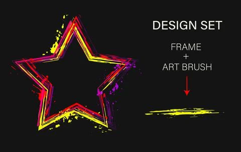 Set of design elements, star shaped frame, art brush Illustrazione stock
