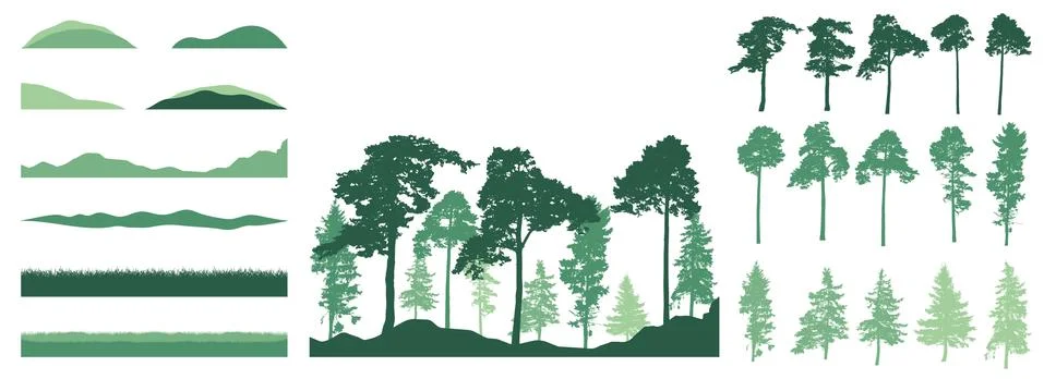 Set of design elements of trees, grass, hill. Creation of forest. Stock Illustration