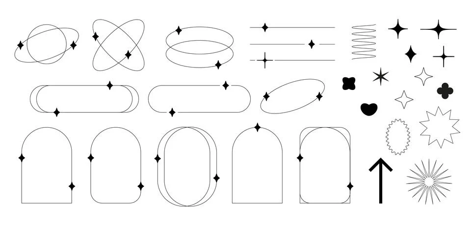 Set of design elements in trendy y2k style. Oval frames with stars, hearts Illustrazione stock