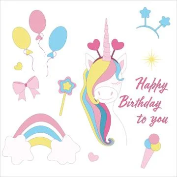 Set of design elements unicorn magic, happy birthday. Postcard Illustrazione stock