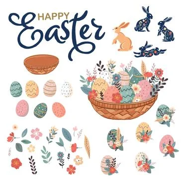 Set for design of rabbits, spring flowers and colored eggs. Vector flat ill.. Stock Illustration