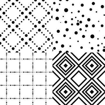 Set of design seamless monochrome patterns with dots and square. Illustrazione stock