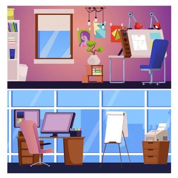 Set of designer workplace interiors flat style, vector illustration Stockillustratie