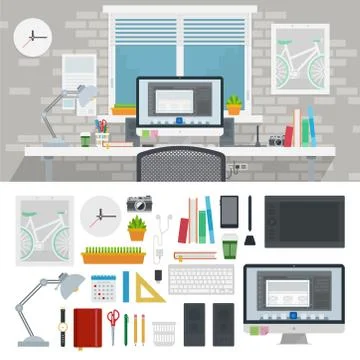 Set of Designer workspace icons flat vector Stock Illustration