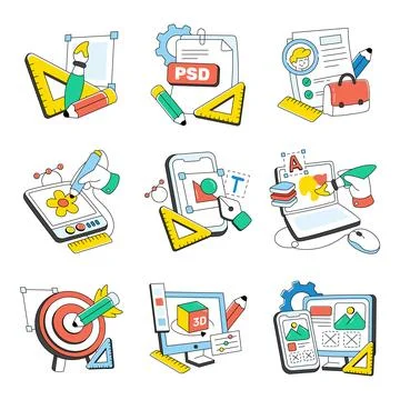 Set of Designing and Creativity Doodle Icons Stock Illustration