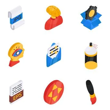 Set of Designing Equipment Flat Isometric Icons Stock Illustration