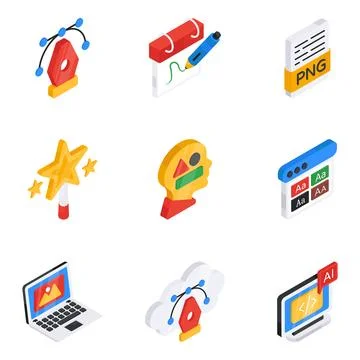 Set of Designing Tools Flat Isometric Icons Stock Illustration