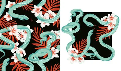 Set of designs Beautiful pattern with snake and tropical leaves. Beautiful al Illustrazione stock