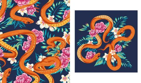 Set of designs Beautiful pattern with snake and tropical leaves. Beautiful al Stock Illustration