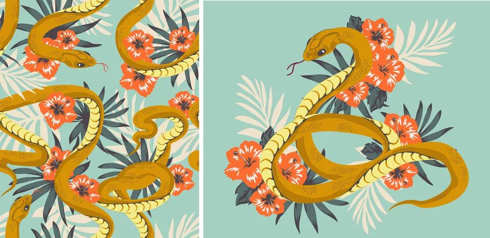 Set of designs Beautiful pattern with snake and tropical leaves. Beautiful al Stock Illustration
