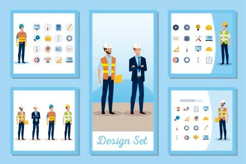 Set designs of engineer men with set icons working Stock Illustration
