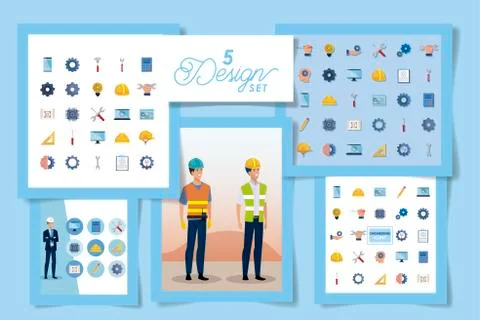Set designs of engineer men with set icons working Stock Illustration
