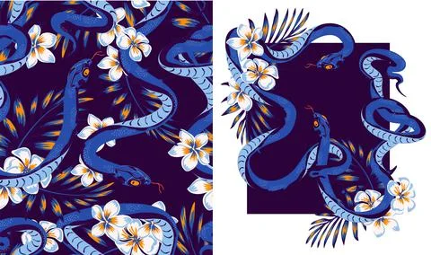 Set of designs with snake and tropis flowers in the jungle, jungle pattern sw Stock Illustration
