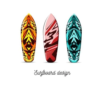 Set of designs for surfer boards on a white background. Vector illustration Stock Illustration