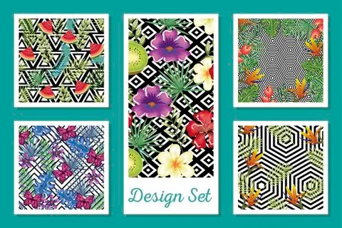 Set designs tropicals in patterns monochromatic geometric Stock Illustration