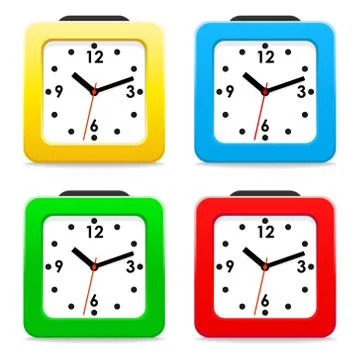 Set desktop alarm clocks square shape with red, yellow, green, and blue body Stock Illustration