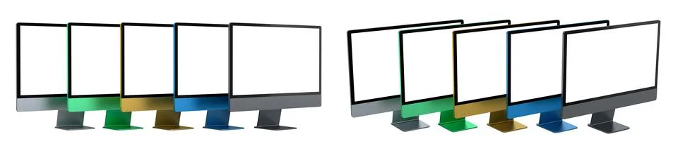 Set of desktop computer setups with matching accessories like watches, phones 스톡 일러스트