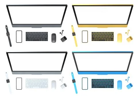 Set of desktop computer setups with matching accessories like watches, phon.. Stock Illustration